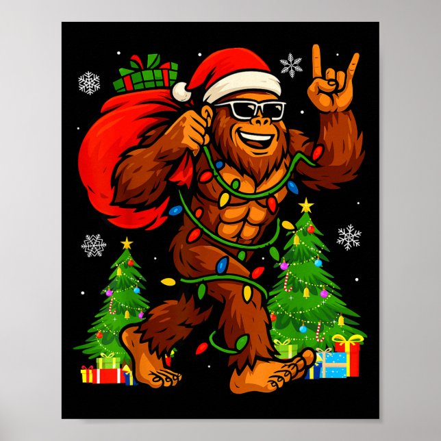 Santa Bigfoot Christmas Tree Xmas Lights Funny Sas Poster (Front)