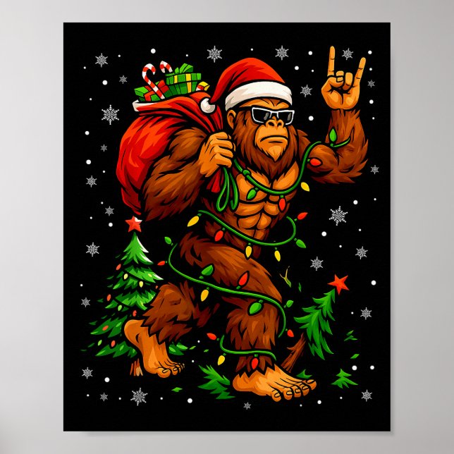 Santa Bigfoot Christmas Tree Xmas Lights Funny Sas Poster (Front)