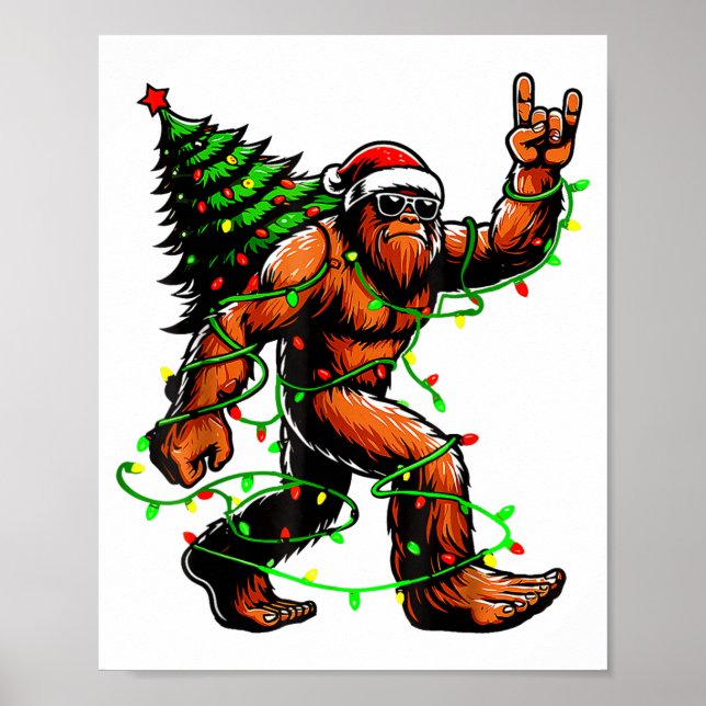 Santa Bigfoot Christmas Tree Xmas Lights Funny Sas Poster (Front)