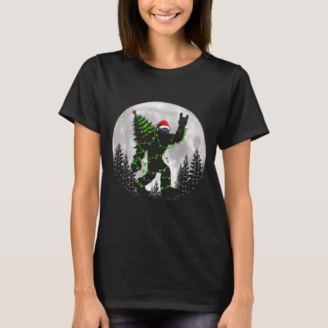 Santa Bigfoot Christmas Tree Xmas Lights Funny Sas T-Shirt (Front)