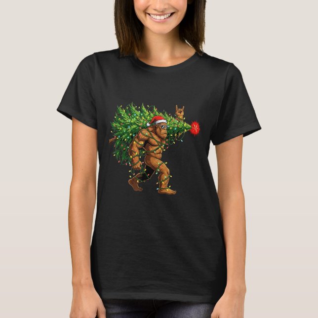 Santa Bigfoot Christmas Tree Xmas Lights Funny Sas T-Shirt (Front)