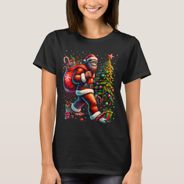 Santa Bigfoot Christmas Tree Xmas Lights Funny Sas T-Shirt (Front)