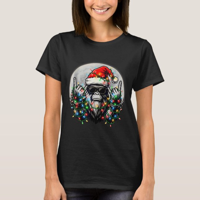 Santa Bigfoot Christmas Tree Xmas Lights Funny Sas T-Shirt (Front)