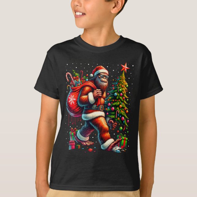Santa Bigfoot Christmas Tree Xmas Lights Funny Sas T-Shirt (Front)