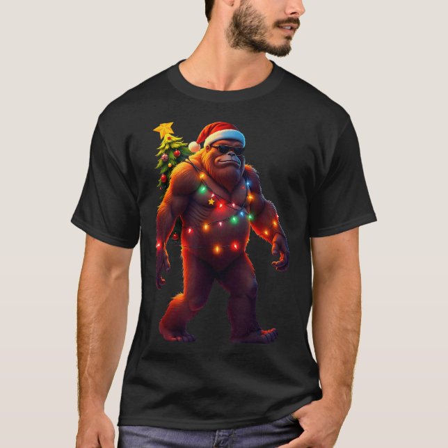 Santa Bigfoot Christmas Tree Xmas Lights Funny Sas T-Shirt (Front)