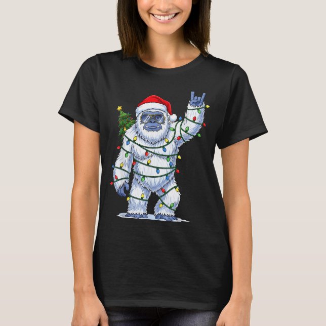 Santa Bigfoot Christmas Tree Xmas Lights Funny Sas T-Shirt (Front)