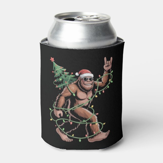 Santa Bigfoot Christmas Tree Xmas Lights Sasquatch Can Cooler (Can Front)