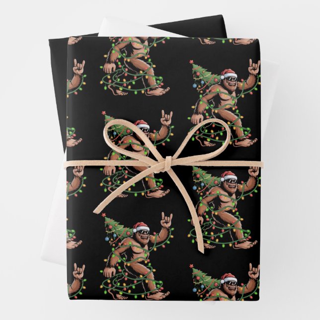 Santa Bigfoot Christmas Tree Xmas Lights Sasquatch Wrapping Paper Sheet (In situ)