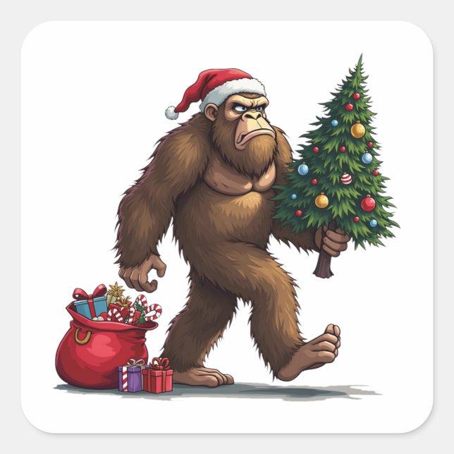 Santa Bigfoot Christmas Tree Xmas Lights  Square Sticker (Front)