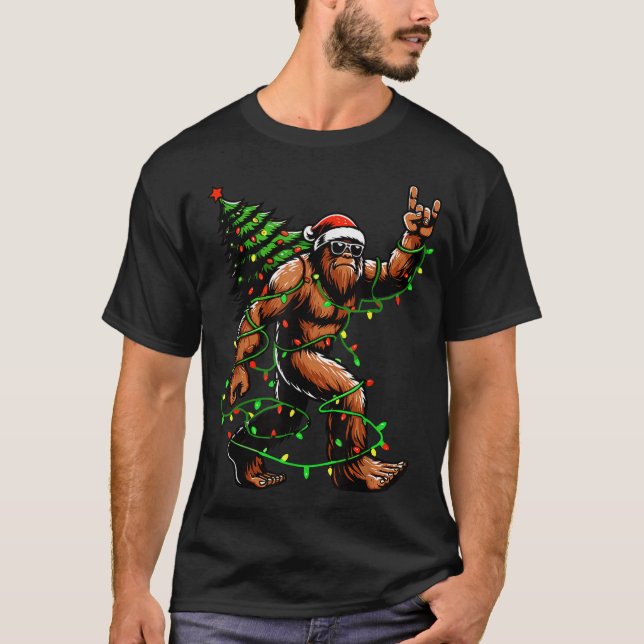 Santa Bigfoot Christmas Tree Xmas Lights  T-Shirt (Front)