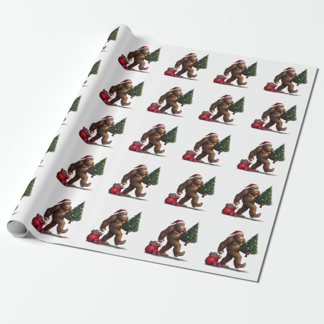 Santa Bigfoot Christmas Tree Xmas Lights  Wrapping Paper (Unrolled)