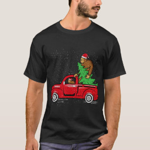 Santa Bigfoot Riding Red Truck Sasquatch Christmas T-Shirt