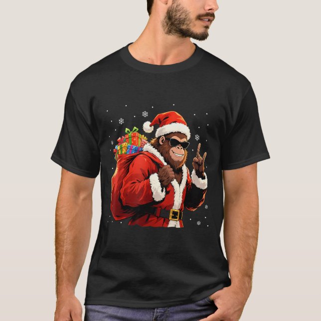 Santa Bigfoot Rock Christmas Funny Holiday Tee  (Front)