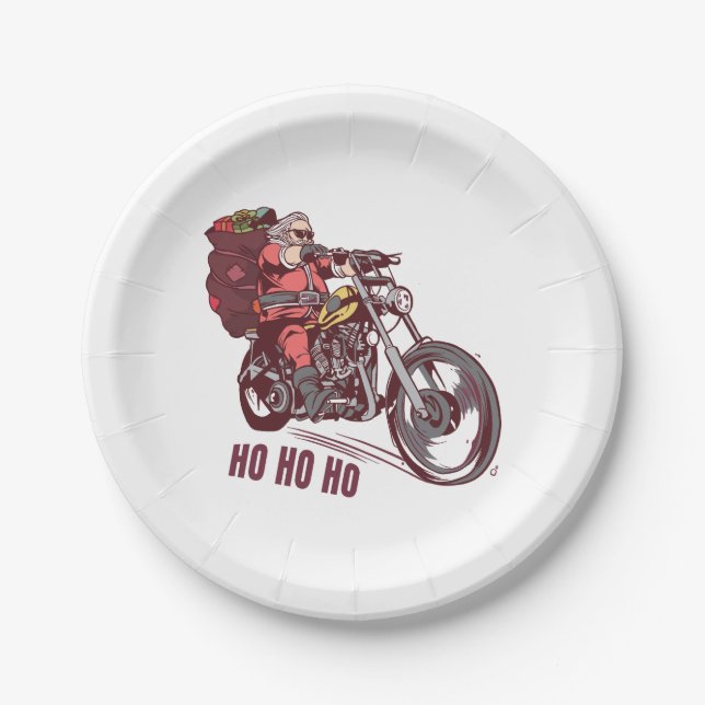 Santa Biker Christmas Costume for Bikers Invitatio Paper Plate (Front)