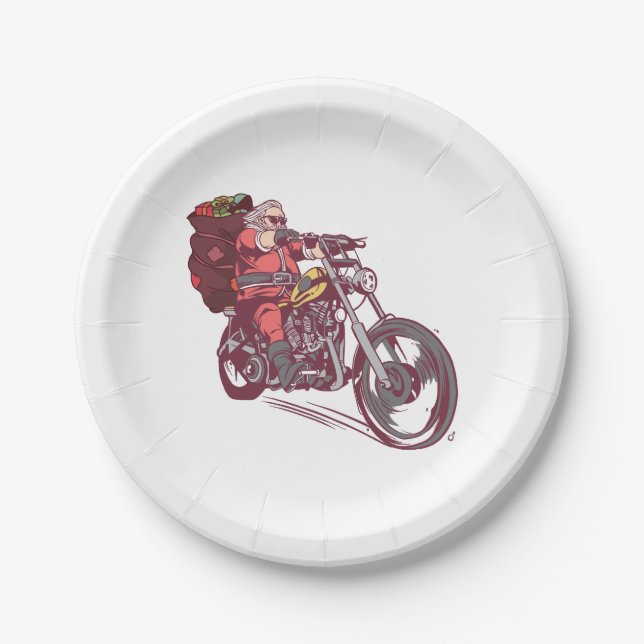 Santa Biker Christmas Costume for Bikers Invitatio Paper Plate (Front)