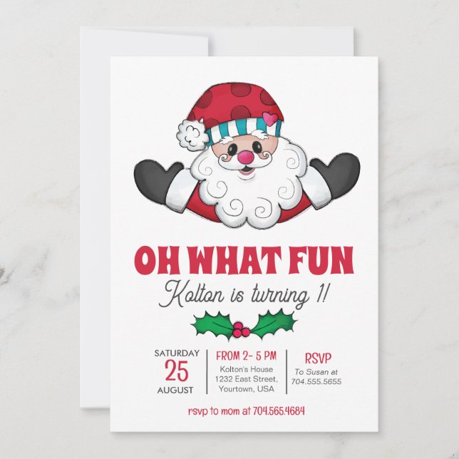 Santa Birthday Invitation, Oh what fun invite (Front)
