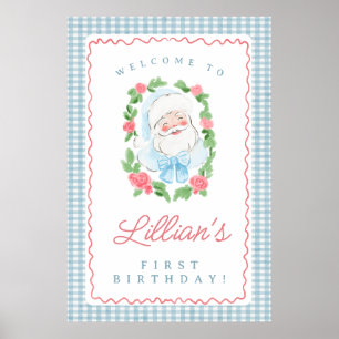 Santa Birthday Sign with Blue Gingham and Roses