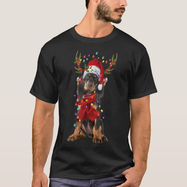 Santa Black and Tan Coonhound Dog Reindeer Christm T-Shirt (Front)