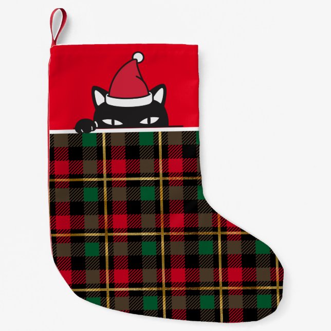 Santa Black Cat Peeking Buffalo Plaid Funny Small Christmas Stocking (Front)