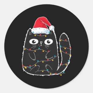 Santa Black Cat Tangled Up In Christmas Cat Lover  Classic Round Sticker