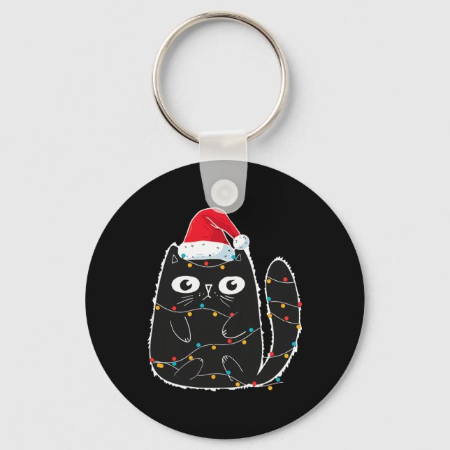 Santa Black Cat Tangled Up In Christmas Cat Lover  Key Ring (Front)
