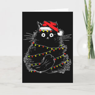 Santa Black Cat Tangled Up In Christmas Tree Light Card