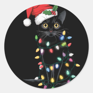 Santa Black Cat Tangled Up In Christmas Tree Light Classic Round Sticker