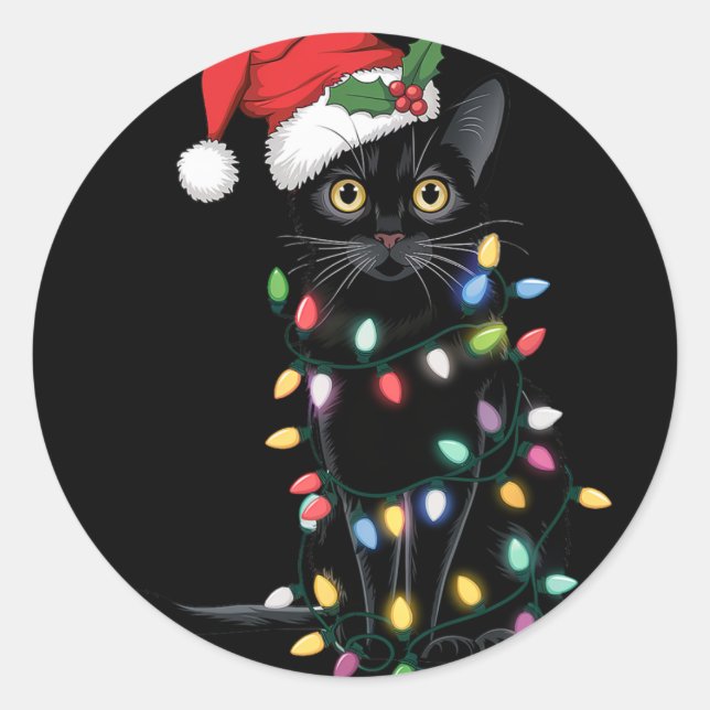 Santa Black Cat Tangled Up In Christmas Tree Light Classic Round Sticker (Front)