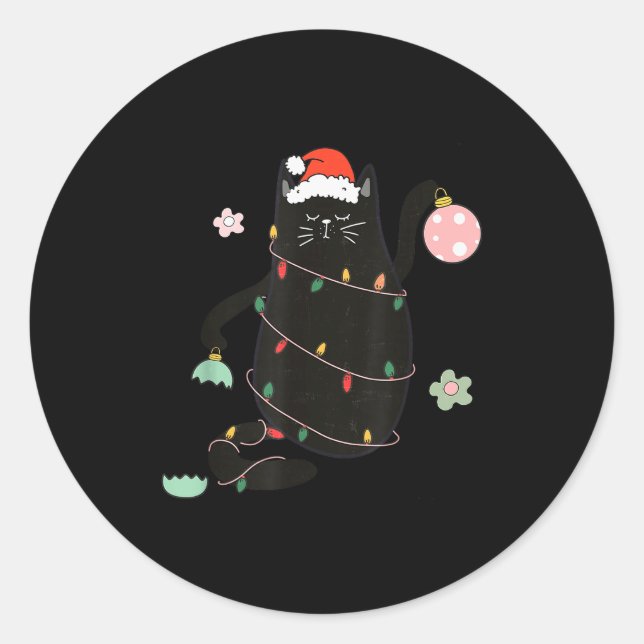 Santa Black Cat Tangled Up In Christmas Tree Light Classic Round Sticker (Front)