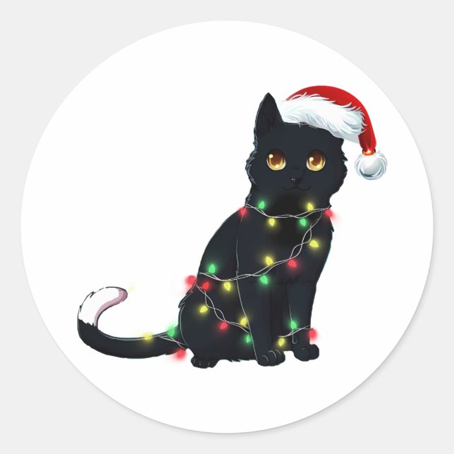 Santa Black Cat Tangled Up In Christmas Tree Light Classic Round Sticker (Front)