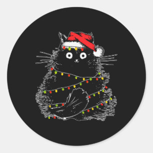 Santa Black Cat Tangled Up In Christmas Tree Light Classic Round Sticker