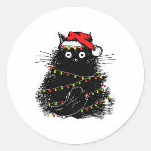 santa black cat tangled up in christmas tree light classic round sticker