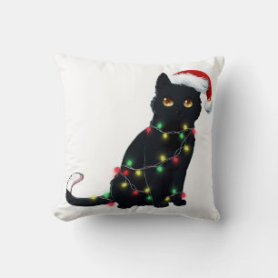 Santa Black Cat Tangled Up In Christmas Tree Light Cushion