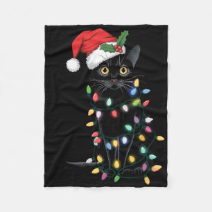 Santa Black Cat Tangled Up In Christmas Tree Light Fleece Blanket