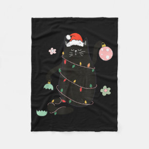 Santa Black Cat Tangled Up In Christmas Tree Light Fleece Blanket