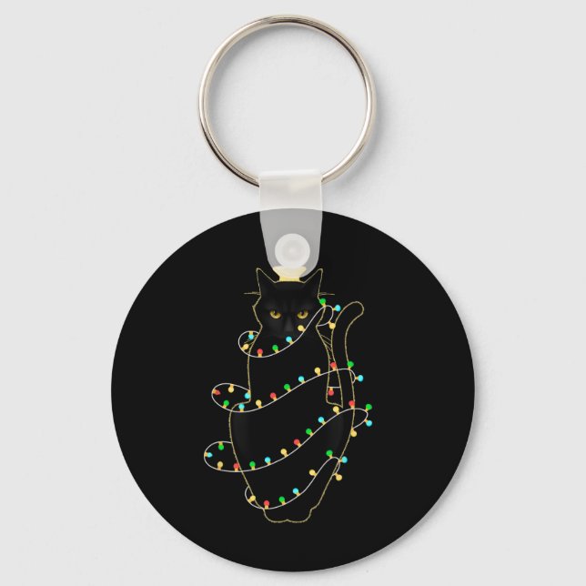 Santa Black Cat Tangled Up In Christmas Tree Light Key Ring (Front)