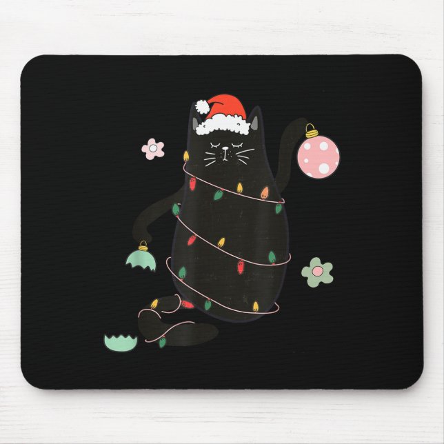 Santa Black Cat Tangled Up In Christmas Tree Light Mouse Mat (Front)
