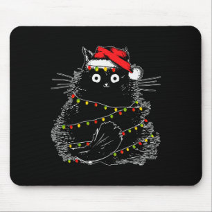 Santa Black Cat Tangled Up In Christmas Tree Light Mouse Mat
