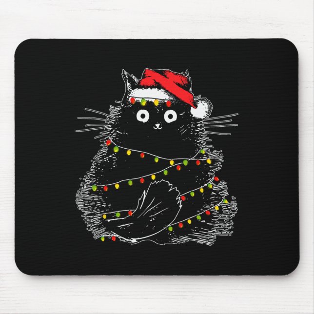 Santa Black Cat Tangled Up In Christmas Tree Light Mouse Mat (Front)