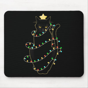 Santa Black Cat Tangled Up In Christmas Tree Light Mouse Mat