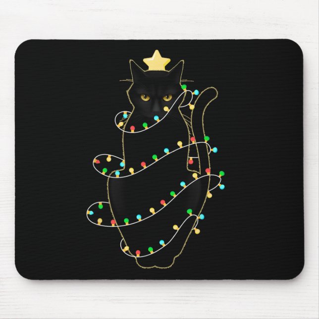 Santa Black Cat Tangled Up In Christmas Tree Light Mouse Mat (Front)