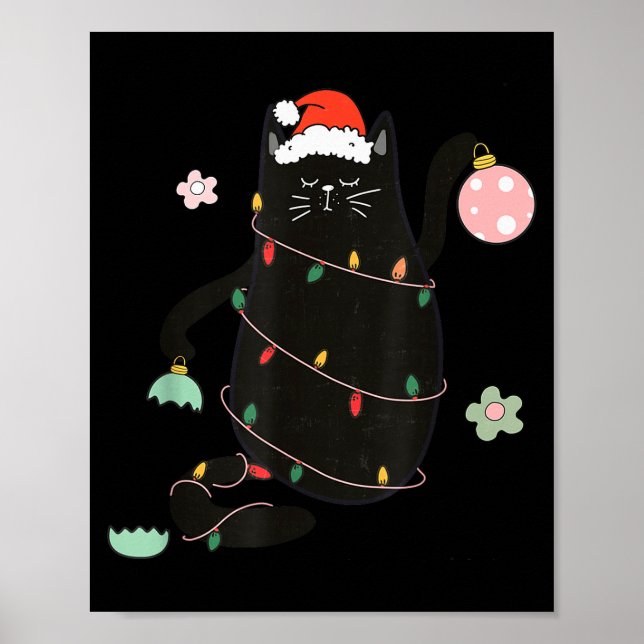 Santa Black Cat Tangled Up In Christmas Tree Light Poster (Front)