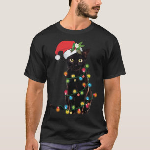 Santa Black Cat Tangled Up In Christmas Tree Light T-Shirt
