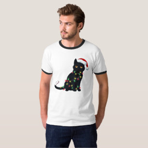Santa Black Cat Tangled Up In Christmas Tree Light T-Shirt