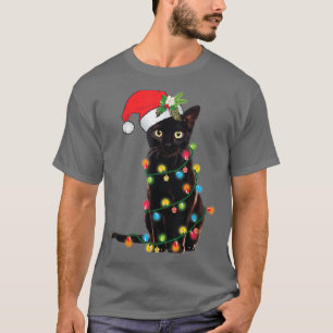 Santa Black Cat Tangled Up In Christmas Tree Light T-Shirt