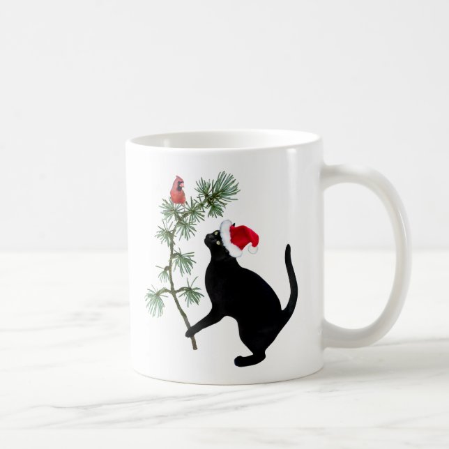 Santa Black Cat with Red Bird Mug (Right)