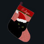 Santa Black Short Hair Cat Green Eyes Personalised Large Christmas Stocking<br><div class="desc">Create a personalised stocking for your fur baby. This design consists of a short hair black cat with green eyes wearing a Santa hat in Christmas colours. Customise the background or text to suit your needs.  Original design by Night Owl's Menagerie,  2017.</div>