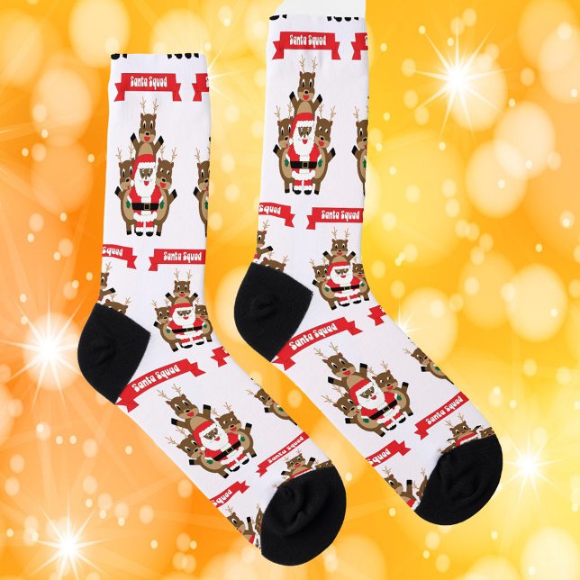 Santa Black Squad Reindeer Funny Pattern Socks (A pair of socks with a santa squad featuring a black santa and his reindeer.)