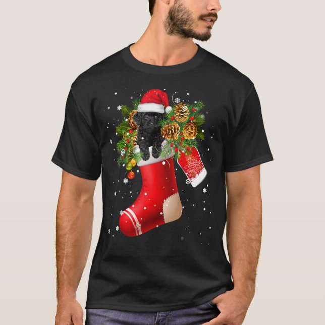 Santa Black Toy Poodle In Christmas Sock Pajama T-Shirt (Front)