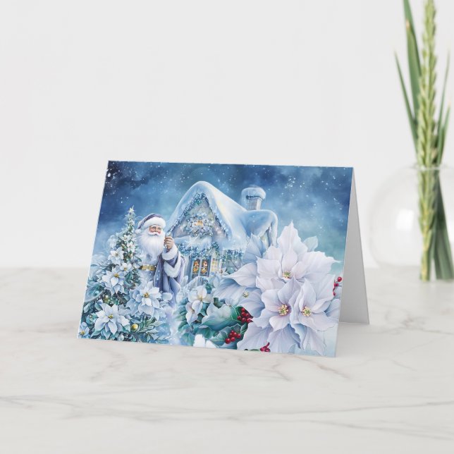 Santa Blue Christmas Fancy Merry Christmas Script Holiday Card (Front)